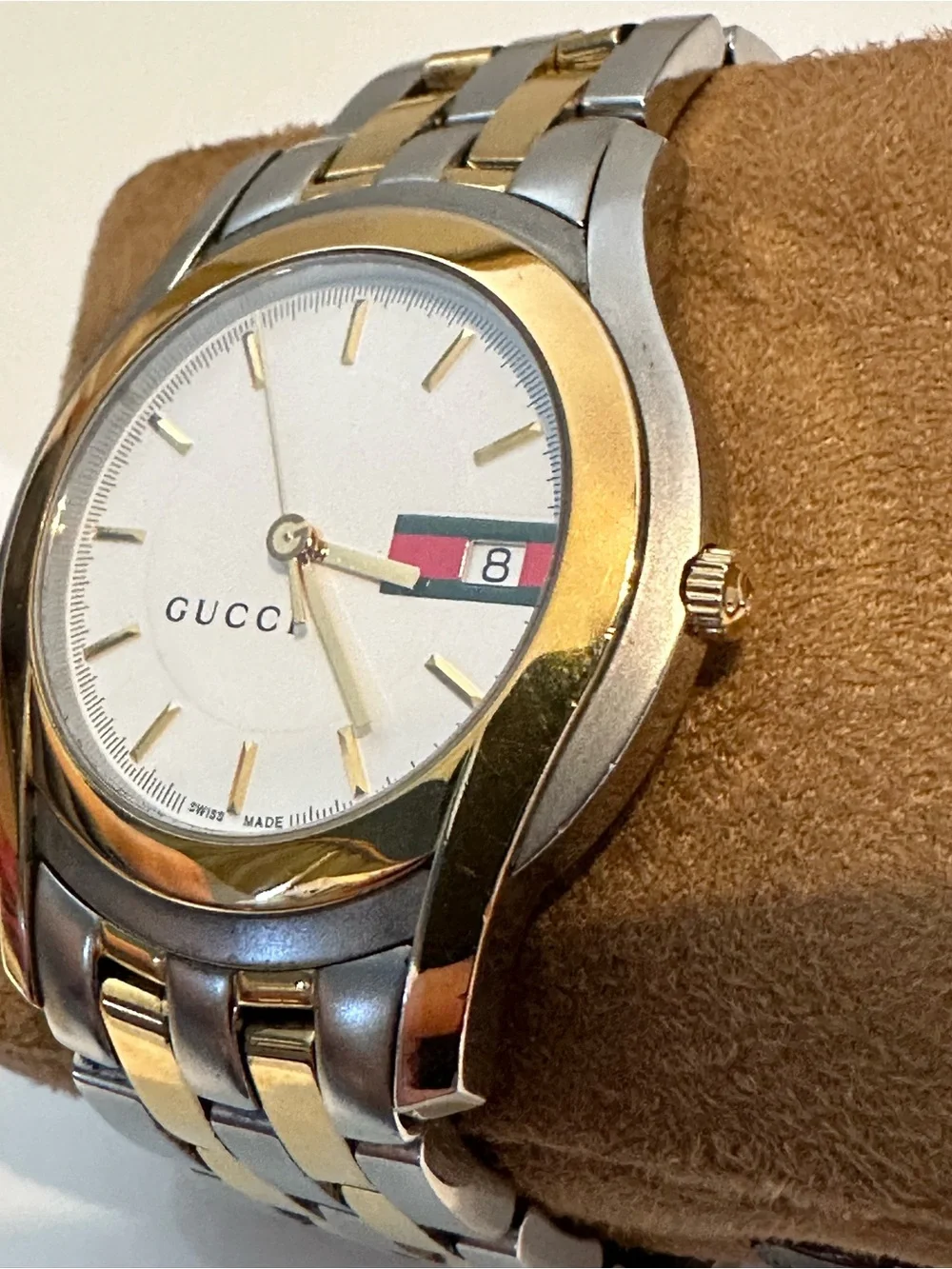 Vintage Gucci 5500M Two Tone Web Stripe Date Swiss Watch New Battery